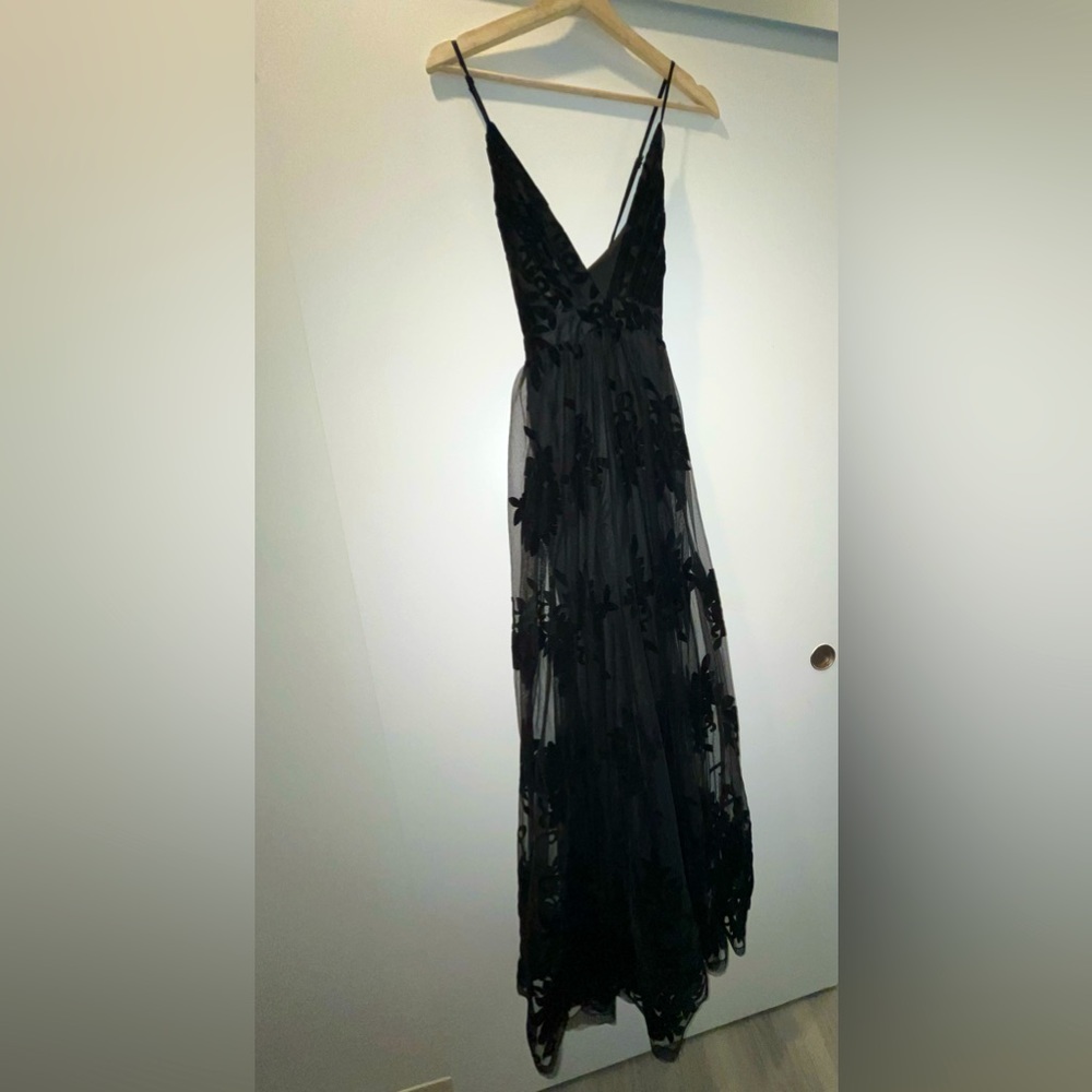 Black Spaghetti Strap Evening Gown.